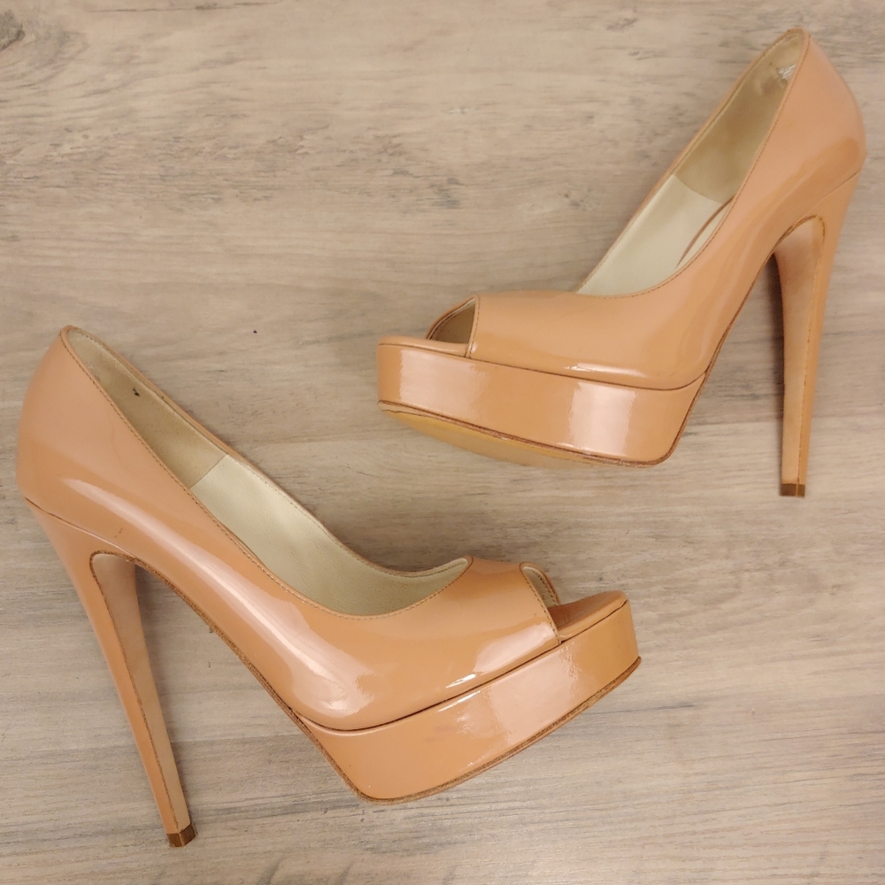 BRIAN ATWOOD Camel Beige Nude Patent Leather Wagner Peep Toe Pumps Size 36.5 EU